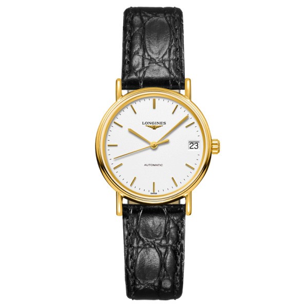 Montre Longines Présence automatique cadran blanc index dorés bracelet cuir noir 30 mm - SOLDAT PL