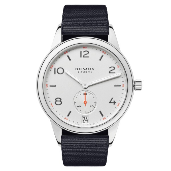 NOMOS Club automatic watch Date silver plated dial white fabric strap black 41,5 mm 775