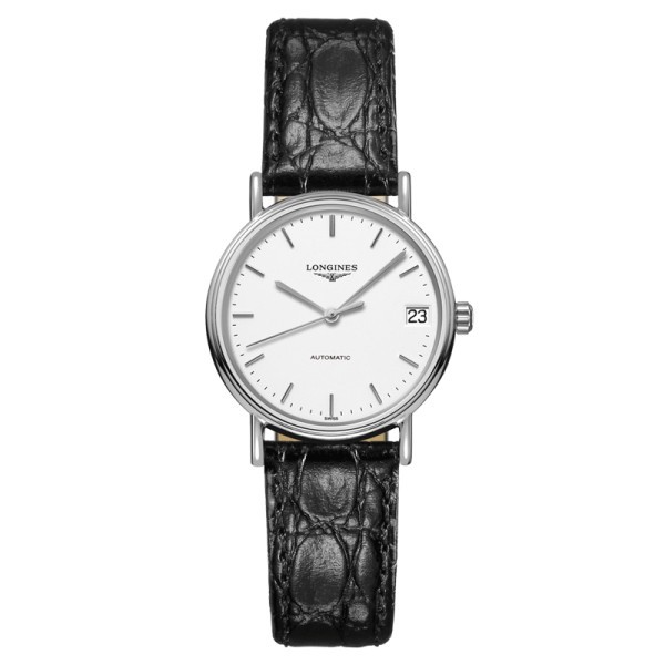 Montre Longines Présence automatique cadran blanc bracelet cuir façon croco noir 30 mm - SOLDAT PL