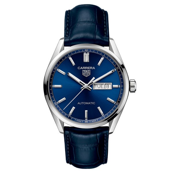TAG Heuer Carrera Calibre 5 Day-Date automatic watch blue dial blue leather strap 41 mm