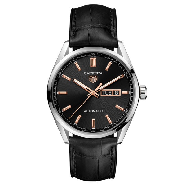 TAG Heuer Carrera Calibre 5 Day-Date automatic watch black dial black leather strap 41 mm