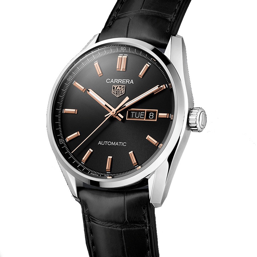 Montre TAG Heuer Carrera Calibre 5 Day-Date automatique cadran noir bracelet cuir noir 41 mm