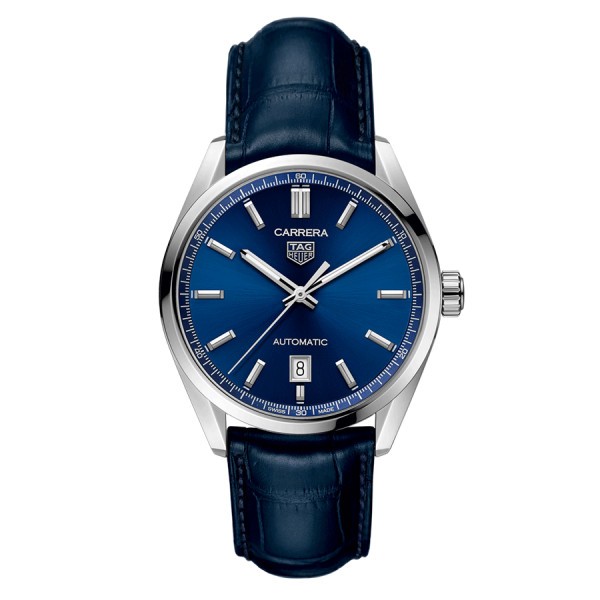 TAG Heuer Carrera Calibre 5 automatic watch blue dial blue leather strap 39 mm