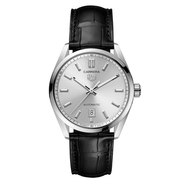 TAG Heuer Carrera Calibre 5 automatic watch silver dial black leather strap 39 mm