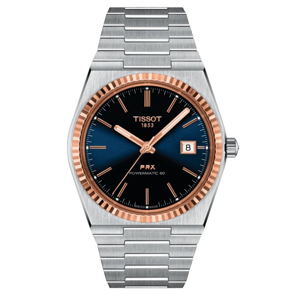 Tissot T-Classic PRX Powermatic 80 Rose Gold watch blue dial steel bracelet 40 mm T931.407.41.041.00