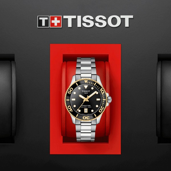 Tissot T-Sport Seastar 1000 quartz PVD Yellow Gold watch black dial steel bracelet 36 mm T120.210.21.051.00
