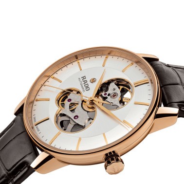 Montre Rado Coupole Classic Open Heart automatique cadran argenté bracelet cuir brun 41 mm