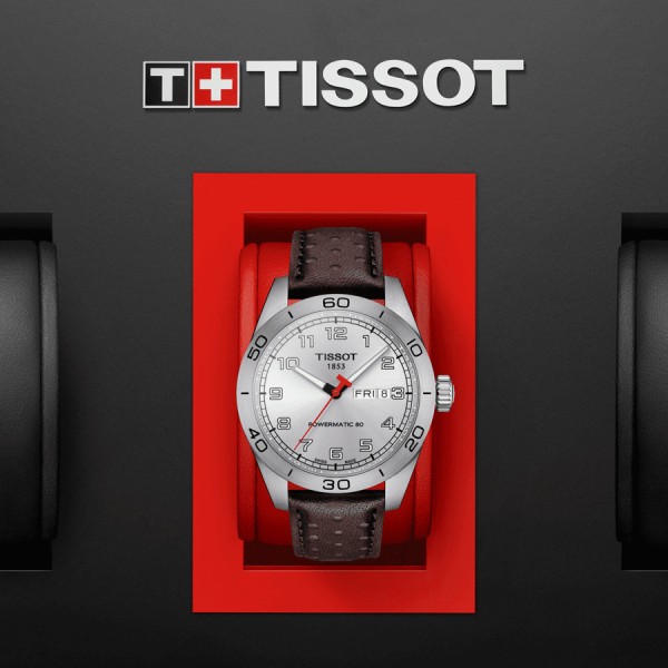 Montre Tissot T-Sport PRS 516 Powermatic 80 cadran argent bracelet cuir brun 42 mm T131.430.16.032.00