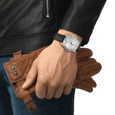 Montre Tissot T-Sport PRS 516 Powermatic 80 cadran argent bracelet cuir brun 42 mm T131.430.16.032.00