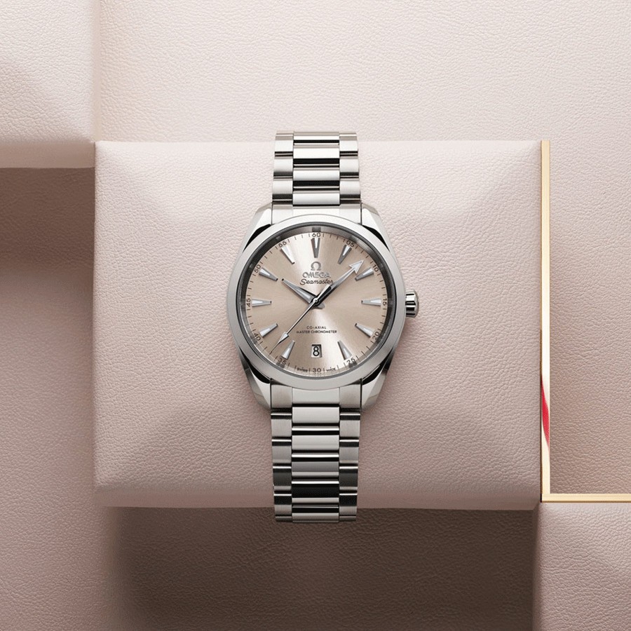 Omega Seamaster Aqua Terra 150m Co-Axial Master Chronometer watch sandstone dial steel bracelet 38 mm