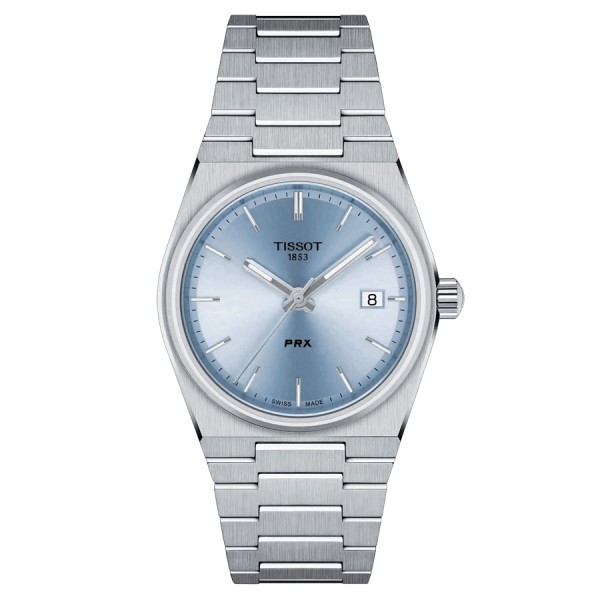 Tissot T-Classic PRX quartz watch light blue dial steel bracelet 35 mm T137.210.11.351.00