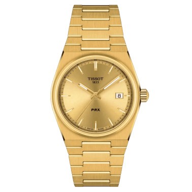 Tissot T-Classic PRX quartz watch gold dial steel bracelet PVD yellow gold 35 mm T137.210.33.021.00