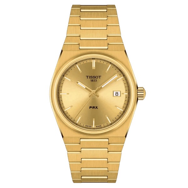 Tissot T-Classic PRX quartz watch gold dial steel bracelet PVD yellow gold 35 mm T137.210.33.021.00