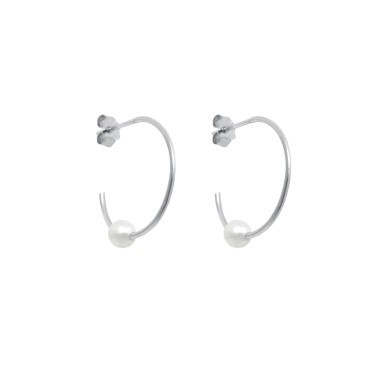 Créoles Claverin Open Hoops en or blanc et perle blanche naturelle 16 mm - BOOPENHOOP00116