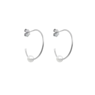 Créoles Claverin Open Hoops en or blanc et perle blanche naturelle 16 mm - BOOPENHOOP00116