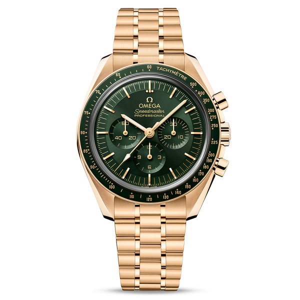 Omega Speedmaster Moonwatch Co‑Axial Master Chronometer watch in gold Moonshine green dial gold bracelet 42 mm