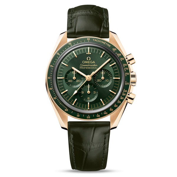 Montre Omega Speedmaster Moonwatch Co‑Axial Master Chronometer en or Moonshine cadran vert bracelet cuir 42 mm