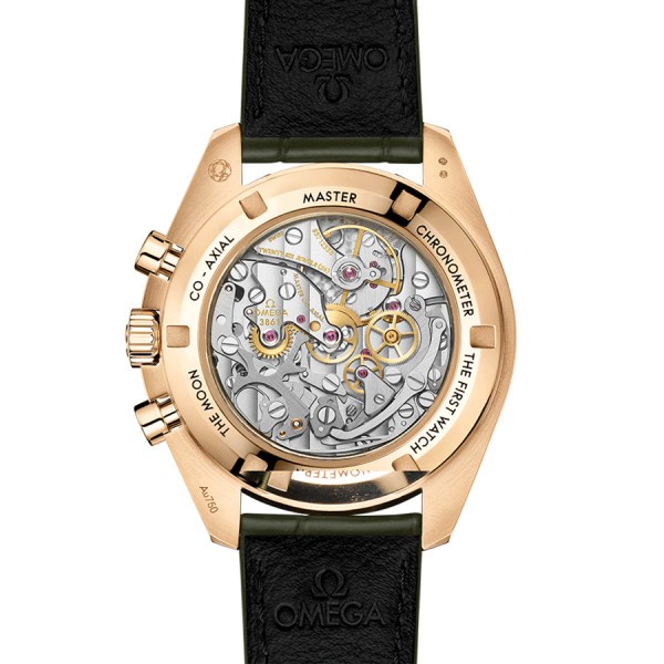 Omega Speedmaster Moonwatch Co‑Axial Master Chronometer watch in gold Moonshine green dial leather strap 42 mm