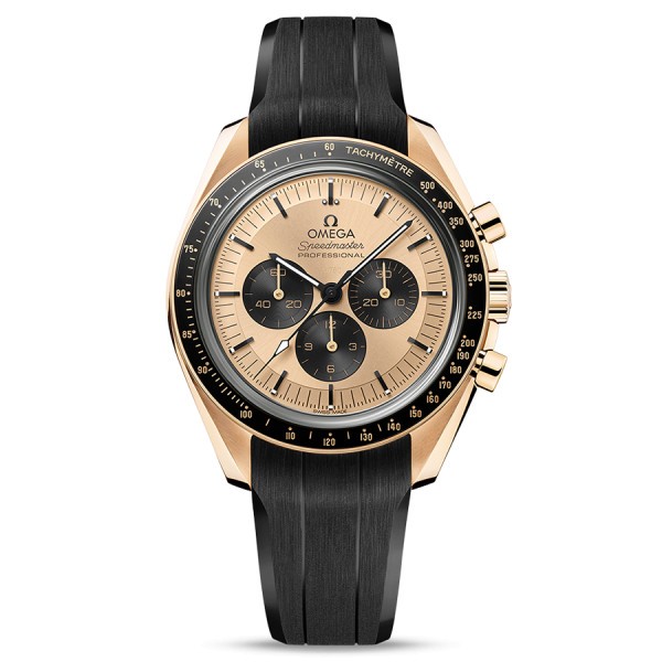 Omega Speedmaster Moonwatch Co‑Axial Master Chronometer watch in gold Moonshine gold dial rubber strap 42 mm