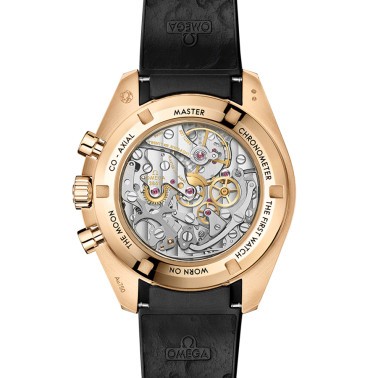 Omega Speedmaster Moonwatch Co‑Axial Master Chronometer watch in gold Moonshine gold dial rubber strap 42 mm