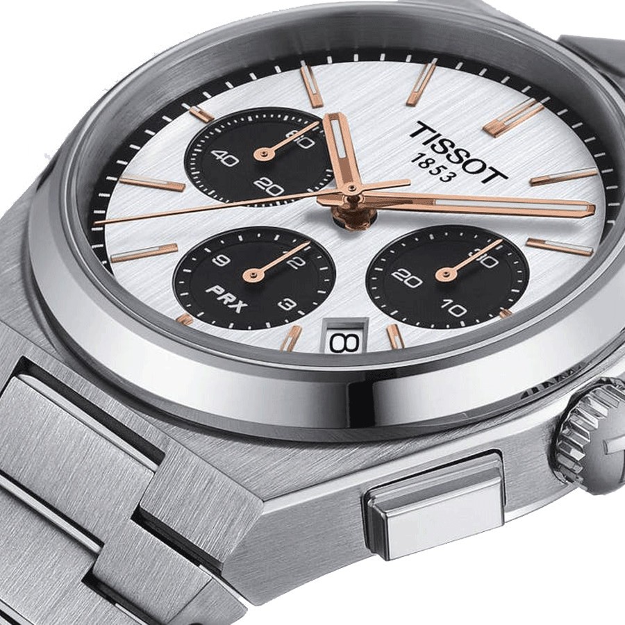Montre Tissot PRX Chronographe automatique cadran argent bracelet acier 42 mm
