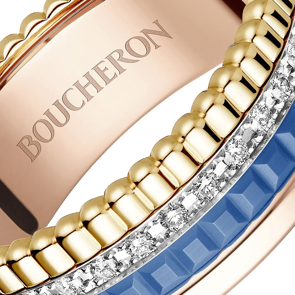 Bague Boucheron Quatre Blue Edition Small trois ors, diamants et céramique bleue JRG03028