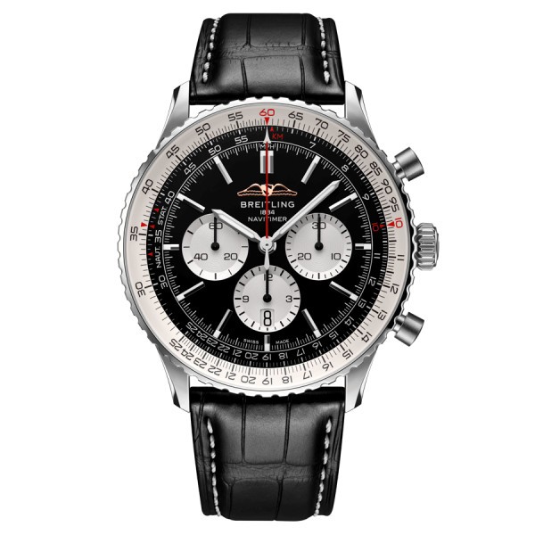 Breitling Navitimer automatic watch B01 Chronograph black dial black leather strap 46 mm AB0137211B1P1