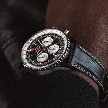 Breitling Navitimer automatic watch B01 Chronograph black dial black leather strap 46 mm AB0137211B1P1