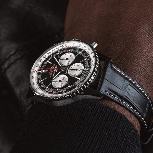 Breitling Navitimer automatic watch B01 Chronograph black dial black leather strap 46 mm AB0137211B1P1