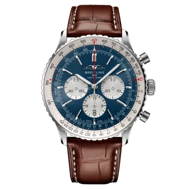Montre Breitling Navitimer automatique B01 Chronographe cadran bleu bracelet cuir brun 46 mm AB0137211C1P1