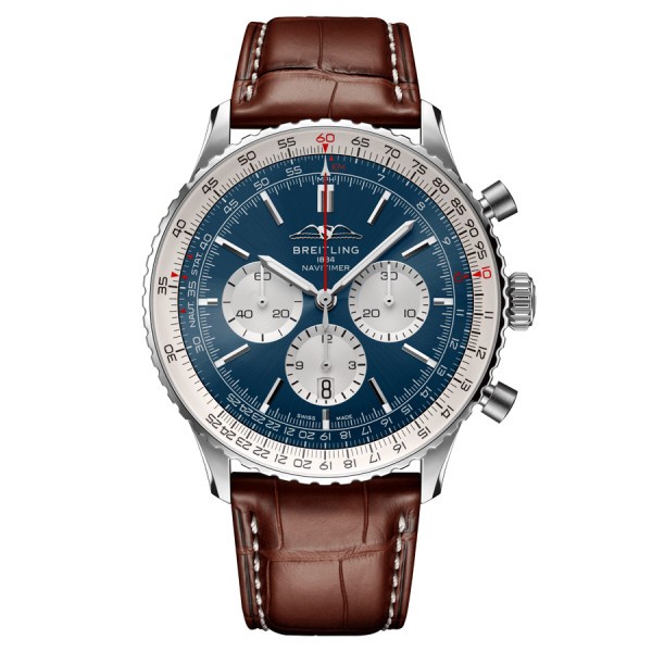 Breitling Navitimer automatic watch B01 Chronograph blue dial brown leather strap 46 mm AB0137211C1P1