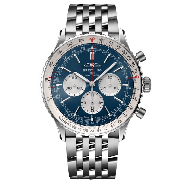 Montre Breitling Navitimer automatique B01 Chronographe cadran bleu bracelet acier 46 mm AB0137211C1A1