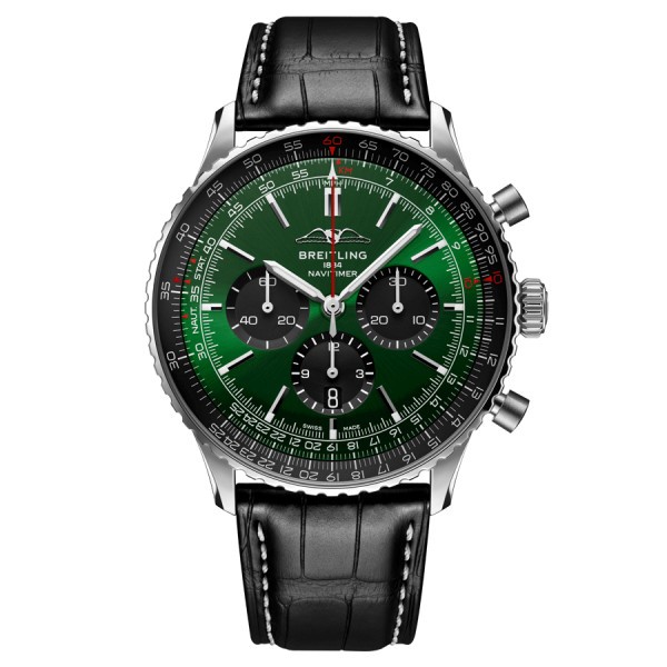 Breitling Navitimer automatic watch B01 Chronograph green dial black leather strap 46 mm AB0137241L1P1