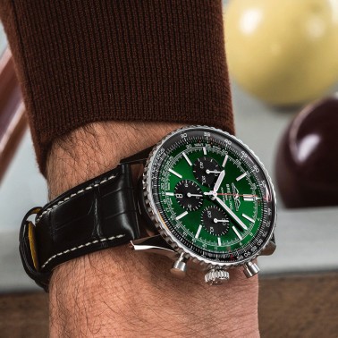 Breitling Navitimer automatic watch B01 Chronograph green dial black leather strap 46 mm AB0137241L1P1