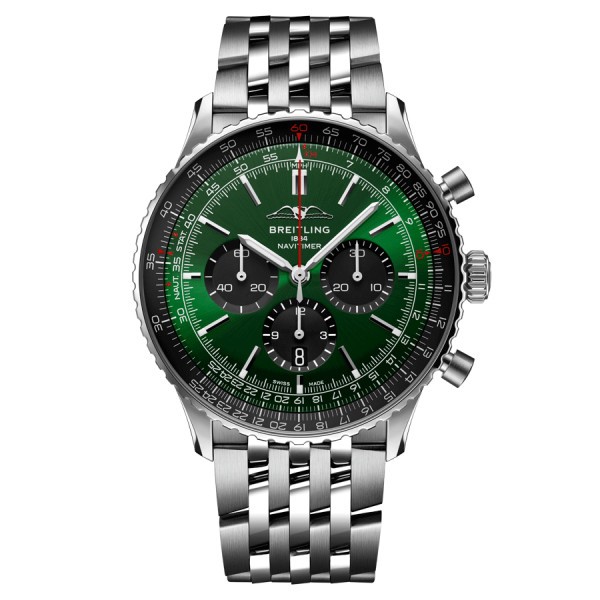 Breitling Navitimer automatic watch B01 Chronograph green dial steel bracelet 46 mm AB0137241L1A1