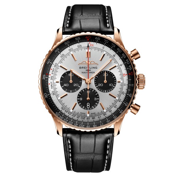 Breitling Navitimer automatic watch Rose Gold B01 Chronograph silver dial black leather strap 46 mm RB0137241G1P1
