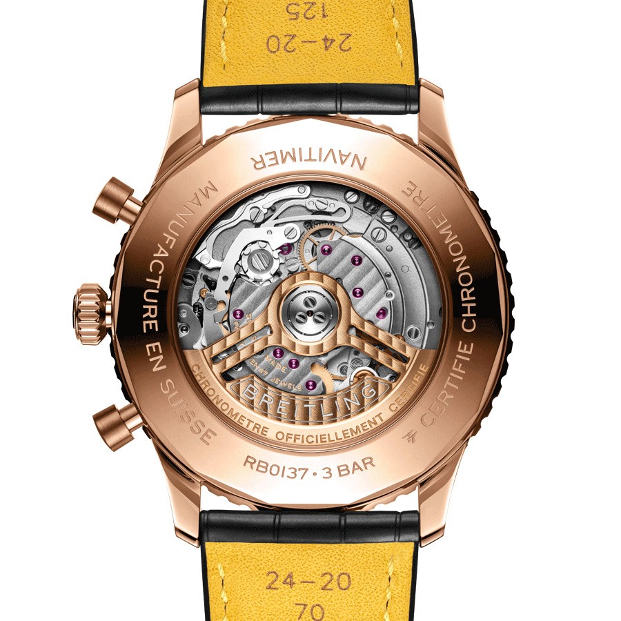 Breitling Navitimer automatic watch Rose Gold B01 Chronograph silver dial black leather strap 46 mm RB0137241G1P1