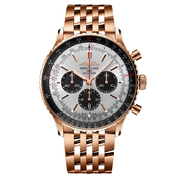 Montre Breitling Navitimer automatique Or Rose B01 Chronographe cadran argent bracelet or rose 46 mm RB0137241G1R1