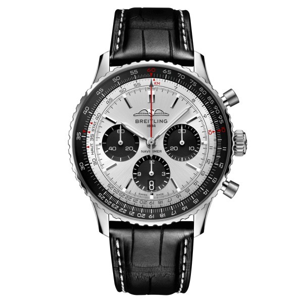 Breitling Navitimer automatic watch B01 Chronograph silver dial black leather strap 43 mm AB0138241G1P1