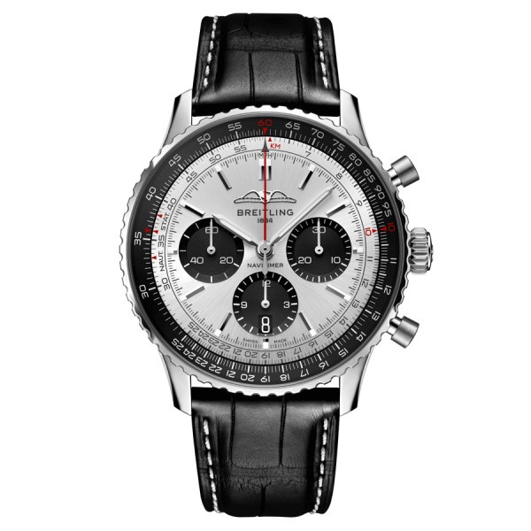 Montre Breitling Navitimer automatique B01 Chronographe cadran argent bracelet cuir noir 43 mm AB0138241G1P1