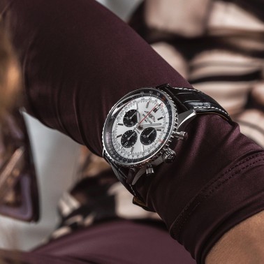 Breitling Navitimer automatic watch B01 Chronograph silver dial black leather strap 43 mm AB0138241G1P1