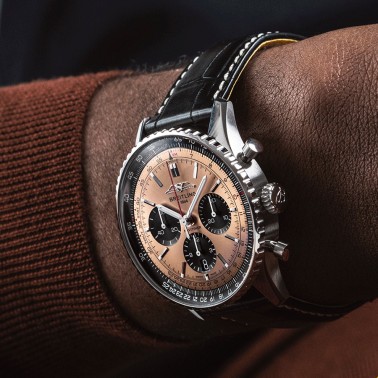 Breitling Navitimer automatic watch B01 Chronograph copper dial black leather strap 43 mm AB0138241K1P1