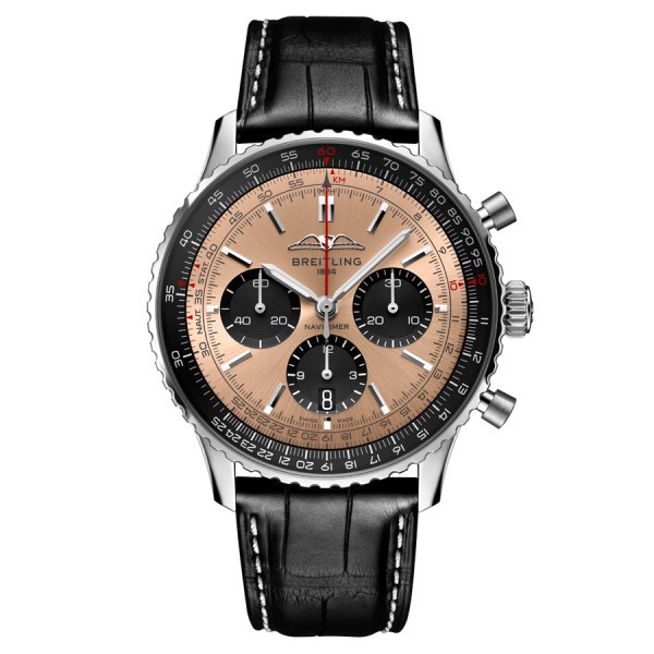 Breitling Navitimer automatic watch B01 Chronograph copper dial black leather strap 43 mm AB0138241K1P1