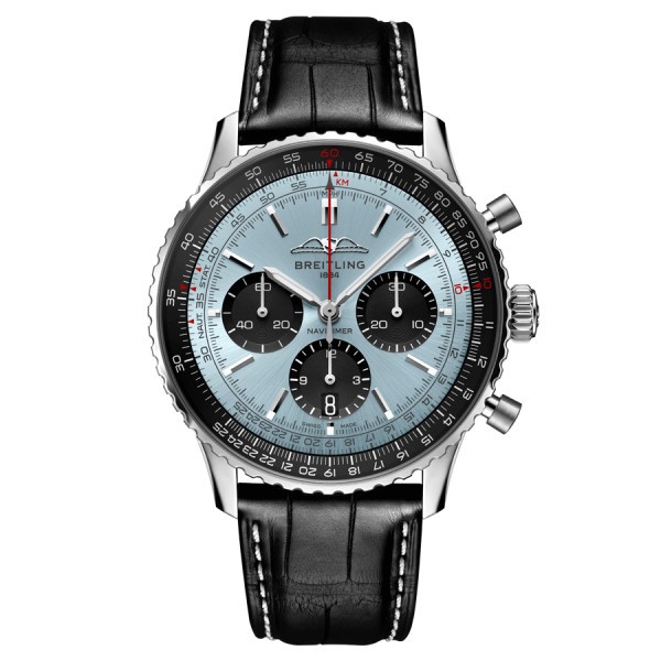 Breitling Navitimer automatic watch B01 Chronograph glacier blue dial black leather strap 43 mm AB0138241C1P1