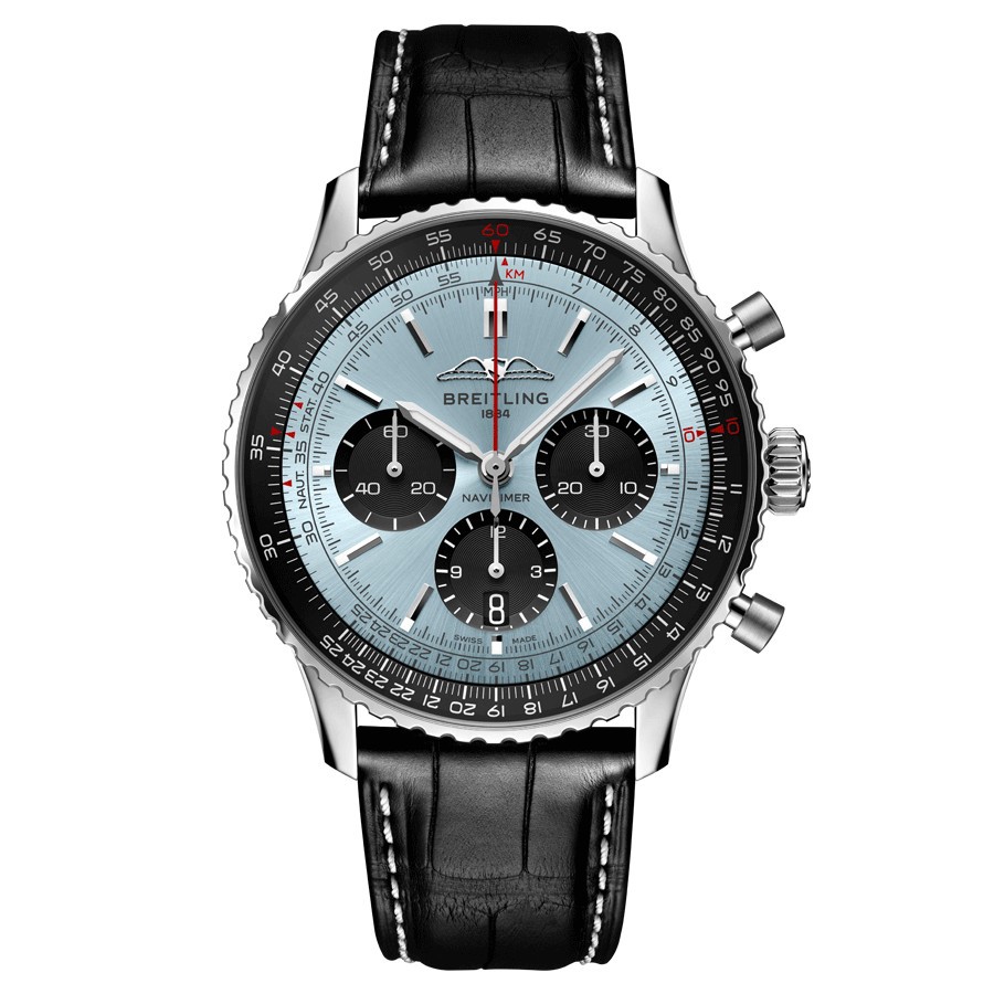 Montre Breitling Navitimer automatique B01 Chronographe cadran bleu glacier bracelet cuir noir 43 mm AB0138241C1P1