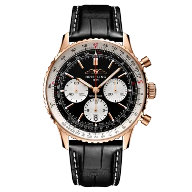 Montre Breitling Navitimer automatique Or Rose B01 Chronographe cadran noir bracelet cuir noir 43 mm RB0138211B1P1