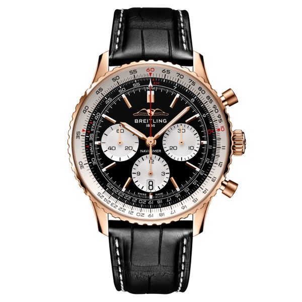 Breitling Navitimer automatic watch Rose Gold B01 Chronograph black dial black leather strap 43 mm RB0138211B1P1