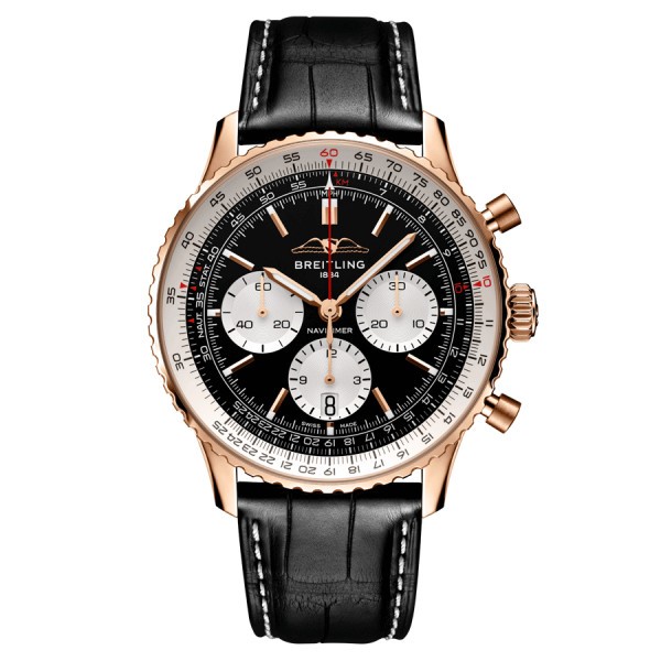 Montre Breitling Navitimer automatique Or Rose B01 Chronographe cadran noir bracelet cuir noir 43 mm RB0138211B1P1