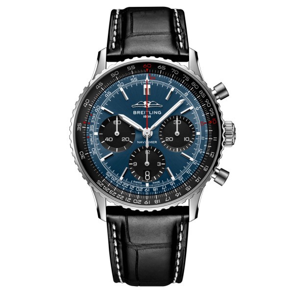 Montre Breitling Navitimer automatique B01 Chronographe cadran bleu bracelet cuir noir 41 mm AB0139241C1P1