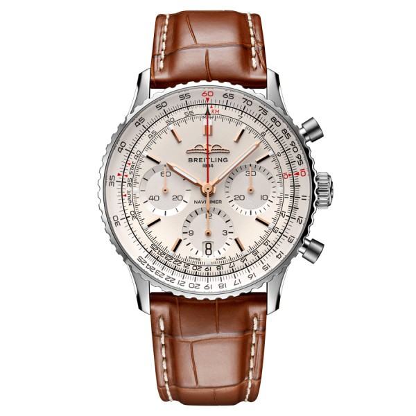 Breitling Navitimer automatic watch B01 Chronograph silver dial brown leather strap 41 mm AB0139211G1P1